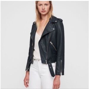 AllSaints Balfern Leather Biker Jacket Size US00 midnight blue